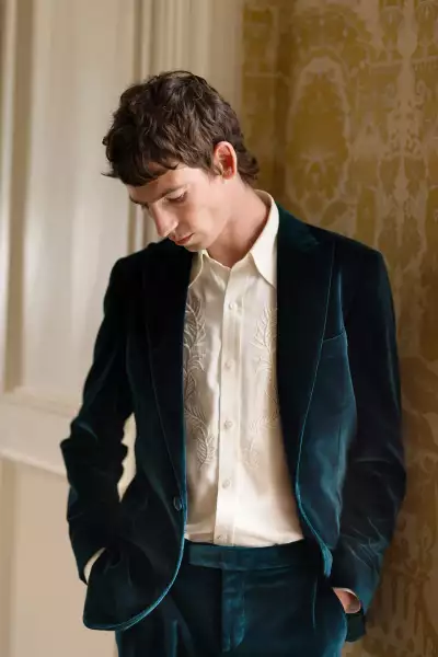 TURNBULL & ASSER Single-breasted velvet jacket, &pound;1,395; cream silk embroidered shirt, &pound;950