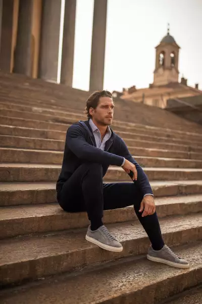 LUCA FALONI Light grey Brera pique polo shirt, &pound;125; midnight blue cashmere zip hoodie, &pound;325, and cashmere joggers, &pound;295.