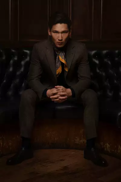 Walker Slater Martin suit in fine brown herringbone jacket and trousers priced &pound;285 and &pound;125 respectively; Shelby silk scarf priced at &pound;95; navy Reid V-neck at &pound;240