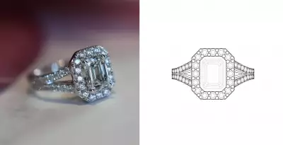A flawless 1.5-carat emerald-cut diamond encircled by a radiant halo and diamond-set band &ndash; a modern heirloom that captures the brilliance of enduring love.