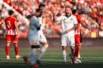 Cristiano Ronaldo of Al Nassr celebrating his goal with Sadio Mane of Al Nassr and Marcelo Brozovic of Al Nassr during the Friendly football match between UD Almeria and Al Nassr FC on 10 August 2025 at UD Almeria Stadium in Almeria, Spain