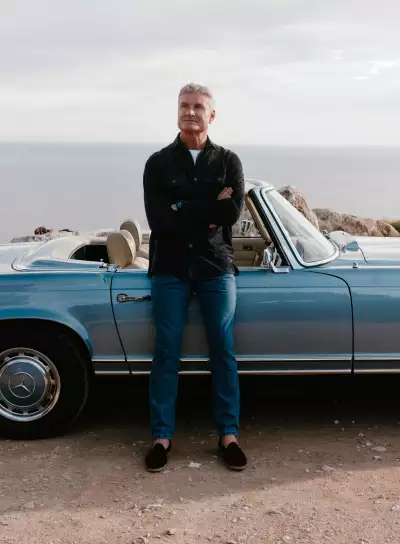 David Coulthard wears Suede overshirt in midnight blue, £1,125; denim jeans in classic blue, £150; cashmere-cotton T-shirt in white, £125. All made in Italy, available from lucafaloni.com David Coulthard wears Suede overshirt in midnight blue, £1,125; denim jeans in classic blue, £150; cashmere-cotton T-shirt in white, £125. All made in Italy, available from lucafaloni.com