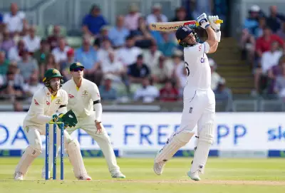 Unbeaten centurion Joe Root hits out during the first innings of the 2023 Ashes Test at Edgbaston.