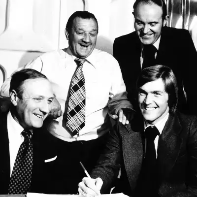 Dalglish signs for Liverpool in 1977 watched by Bob Paisley, John Smith and Peter Robinson