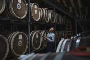 Whisky casks and cellar master assessing the barrels