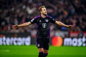 Munich, Germany. 08th Nov, 2023. Soccer: Champions League, Bayern Munich - Galatasaray Istanbul, Group stage, Group A, Matchday 4, Allianz Arena. Munich's Harry Kane celebrates after his goal to make it 1:0.