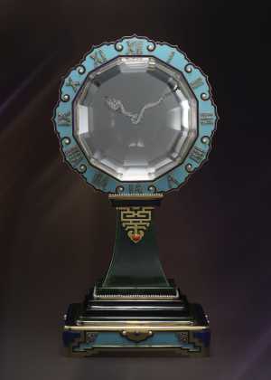 Cartier Single Axle Mystery Clock, An extremely rare, impressive, and museum quality Single Axle rock crystal, jade, diamond, onyx, coral, pearl, and enamel mystery clock with original key and presentation box, Circa 1926