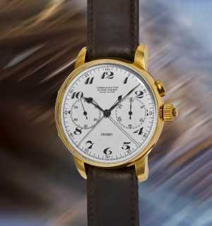 Ulysse Nardin, A very oversized, highly important, and possibly unique yellow gold split-seconds chronograph wristwatch with enamel dial, Guillaume balance, and hinged caseback, 1915