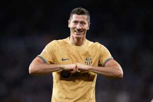 Robert Lewandowski of FC Barcelona celebrates after scoring a goal during the Spanish championship La Liga football match between Real Sociedad and FC Barcelona on August 21, 2022 at Reale Arena in San Sebastian, Spain