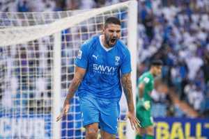 Aleksandar Mitrovic of Al Hilal SFC celebrates after scoring the third goal of his hat-trick during Al Hilal SFC (KSA) vs Mumbai City (IND) during their Match Day 3 of the AFC Champions League 2023-24