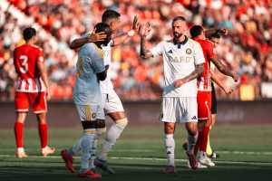 Cristiano Ronaldo of Al Nassr celebrating his goal with Sadio Mane of Al Nassr and Marcelo Brozovic of Al Nassr during the Friendly football match between UD Almeria and Al Nassr FC on 10 August 2025 at UD Almeria Stadium in Almeria, Spain