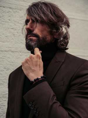 Model wears a genuine meteorite bracelet from AWNL Stockholm