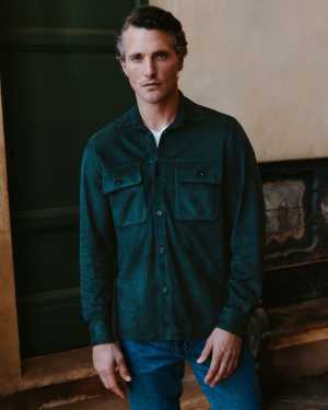 Model wearing Luca Faloni suede overshirt
