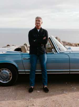 David Coulthard wears Suede overshirt in midnight blue, &pound;1,125; denim jeans in classic blue, &pound;150; cashmere-cotton T-shirt in white, &pound;125. All made in Italy, available from lucafaloni.com