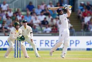 Unbeaten centurion Joe Root hits out during the first innings of the 2023 Ashes Test at Edgbaston.