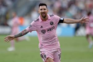 Lionel Messi #10 of Inter Miami CF celebrates after scoring a goal in the first half during the Leagues Cup 2023 semifinals match between Inter Miami CF and Philadelphia Union at Subaru Park on August 15, 2023 in Chester, Pennsylvania.