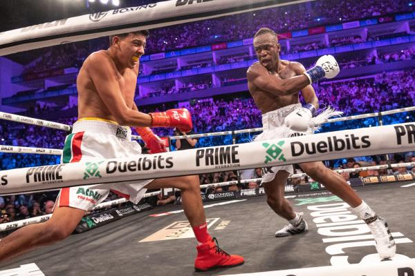 Youtube personality KSI of England and Luis Alcaraz Pineda of Mexico during their ‘Two Fights in One Night’ cruiserweight boxing bout