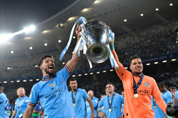 Istanbul, Turkey. 10th June, 2023. Ruben Dias (3) and goalkeeper Ederson (31) of Manchester City seen celebrating as the winners of the UEFA Champions League final between Manchester City and Inter Milan at the Ataturk Stadium in Istanbul. (Photo Credit:
