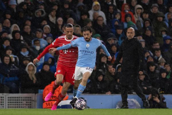 Etihad Stadium Bernado Silva of Manchester City and Leroy Sane of Bayern Mucich in action during the UEFA Champions League quarterfinal first leg match between Manchester City and FC Bayern München at Etihad Stadium on April 11, 2023 in Manchester, United