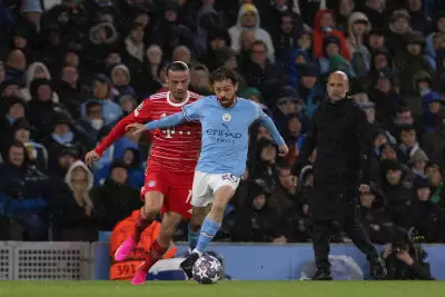 Etihad Stadium Bernado Silva of Manchester City and Leroy Sane of Bayern Mucich in action during the UEFA Champions League quarterfinal first leg match between Manchester City and FC Bayern M&uuml;nchen at Etihad Stadium on April 11, 2023 in Manchester, United