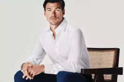 Model wearing Charles Tyrwhitt White shirt