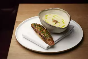 Cider and onion soup with Pommery grain mustard and Welsh rarebit