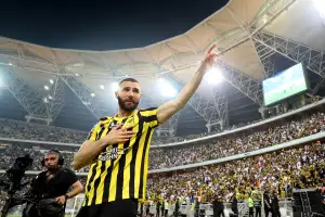 Karim Benzema acknowledges the fans as they are presented to the crowd during the Karim Benzema Official Reception event at King Abdullah Sports City on June 08, 2023 in Jeddah, Saudi Arabia. Karim Benzema acknowledges the fans as they are presented to the crowd during the Karim Benzema Official Reception event at King Abdullah Sports City on June 08, 2023 in Jeddah, Saudi Arabia.