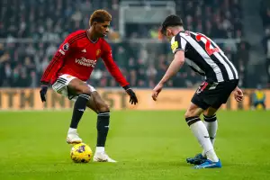 2nd December 2023; St James' Park, Newcastle, England; Premier League Football, Newcastle United versus Manchester United; Tino Livramento of Newcastle United holds up Marcus Rashford of Manchester United - 2nd December 2023; St James' Park, Newcastle, England; Premier League Football, Newcastle United versus Manchester United; Tino Livramento of Newcastle United holds up Marcus Rashford of Manchester United -