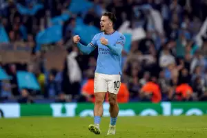 Manchester City's Jack Grealish celebrates victory following the UEFA Champions League semi-final second leg match at Etihad Stadium, Manchester. Picture date: Wednesday May 17, 2023 Manchester City's Jack Grealish celebrates victory following the UEFA Champions League semi-final second leg match at Etihad Stadium, Manchester. Picture date: Wednesday May 17, 2023