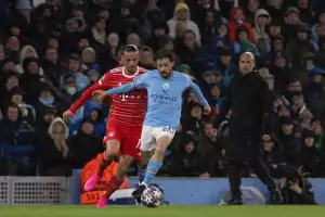 Etihad Stadium Bernado Silva of Manchester City and Leroy Sane of Bayern Mucich in action during the UEFA Champions League quarterfinal first leg match between Manchester City and FC Bayern München at Etihad Stadium on April 11, 2023 in Manchester, United Etihad Stadium Bernado Silva of Manchester City and Leroy Sane of Bayern Mucich in action during the UEFA Champions League quarterfinal first leg match between Manchester City and FC Bayern München at Etihad Stadium on April 11, 2023 in Manchester, United