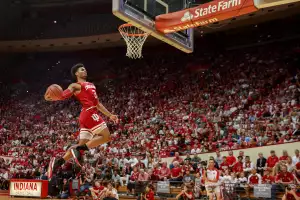 Indiana University men's basketball player Justin Smith (3) competes in the dunk contest during Hoosier Hysteria, Saturday, October 5, 2019 at Assembly Hall in Bloomington, Ind. The Hoosier Hysteria event officially kicks off basketball season at Indiana