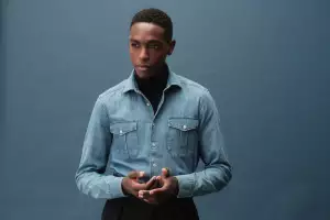 Model wearing Stenströms denim shirt