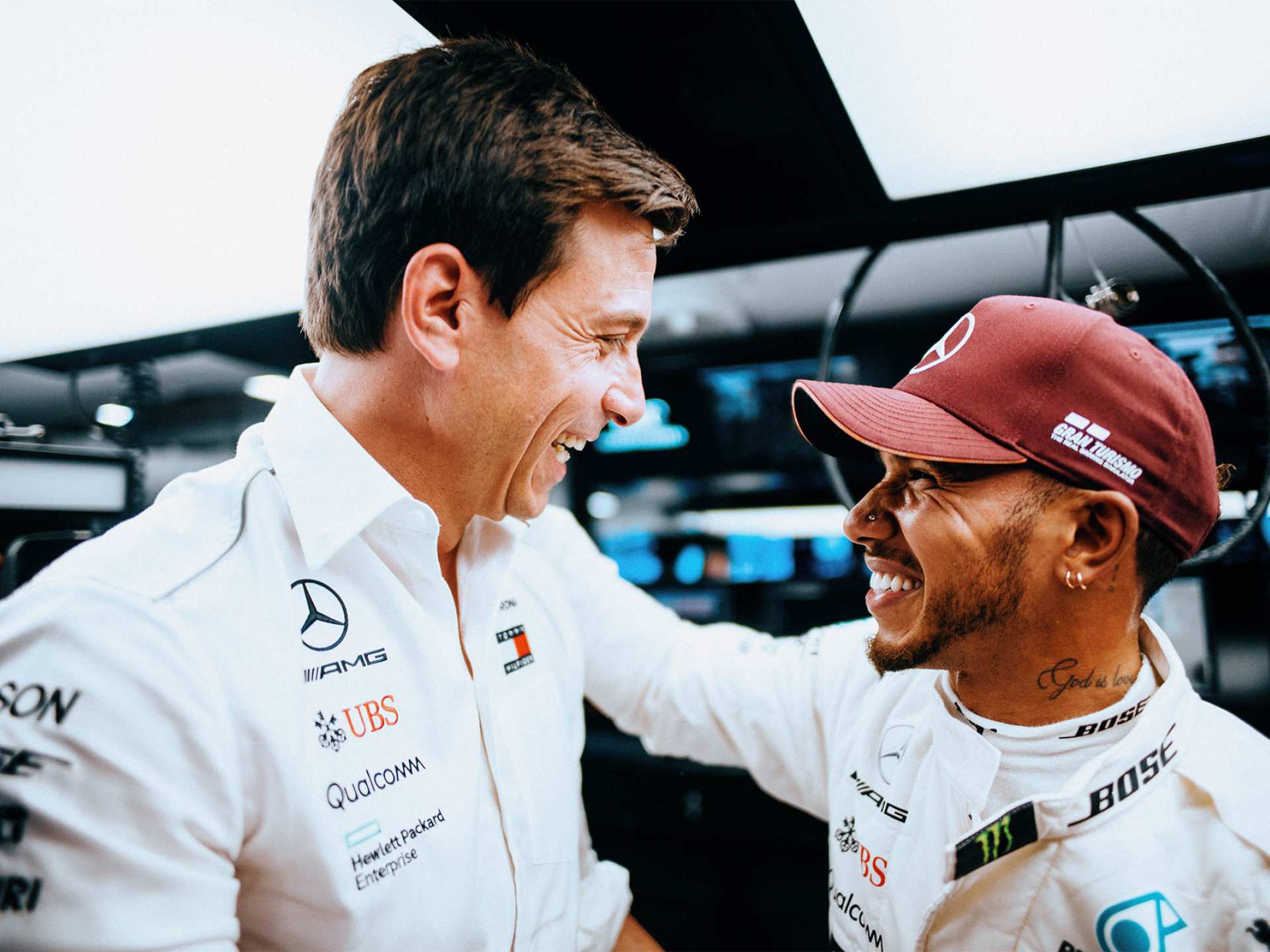 Toto Wolff and Lewis Hamilton share a warm embrace