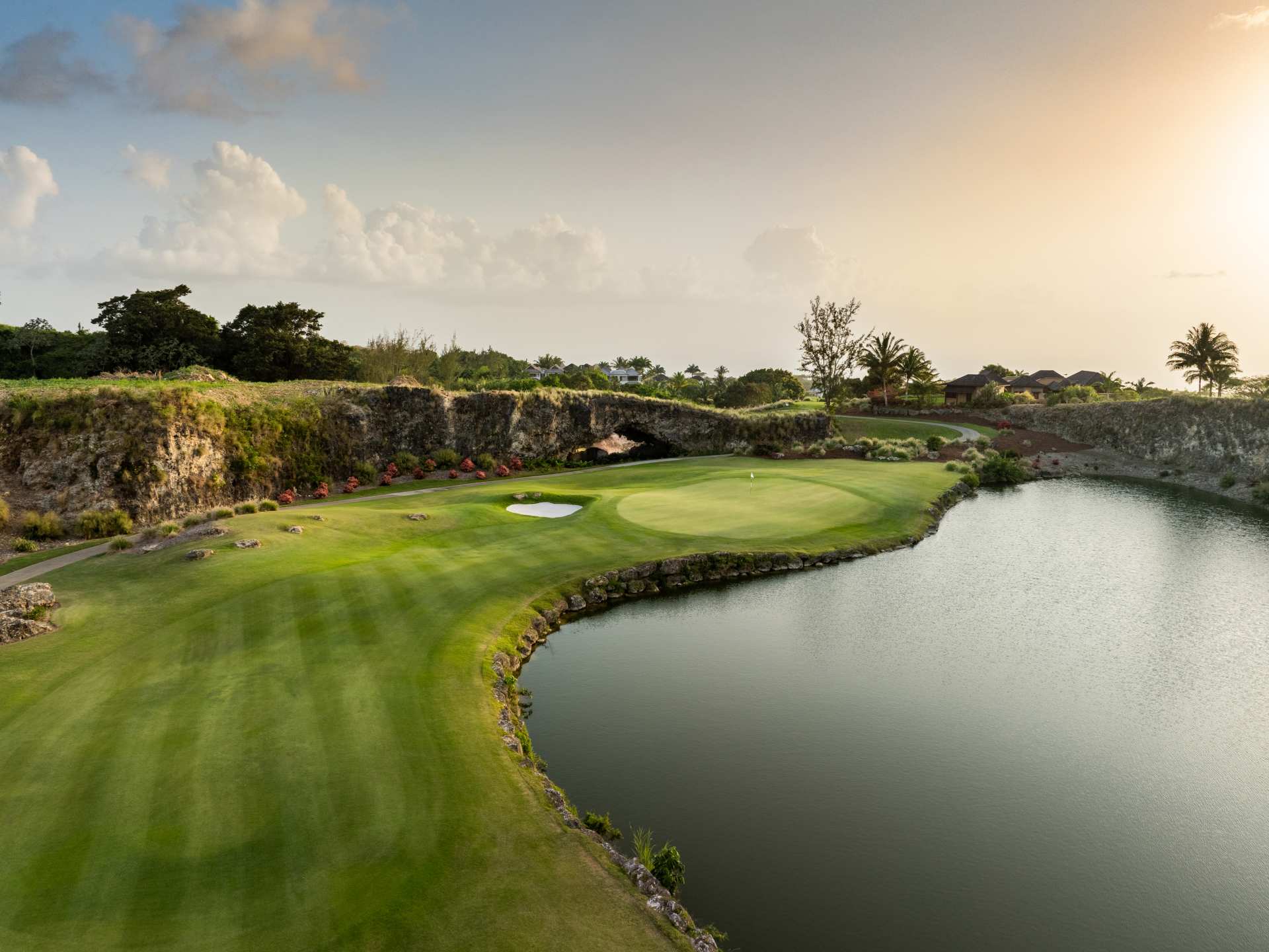 The scenic par three 16th hole at Apes Hill Barbados golf course