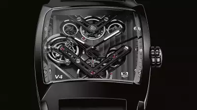 TagHeuer Monaco V4 Tourbillon  The first-ever tourbillon driven by belts, this is a must-have for design lovers. The belts are no thicker than a human hair, and the casing is made from titanium grade 5.