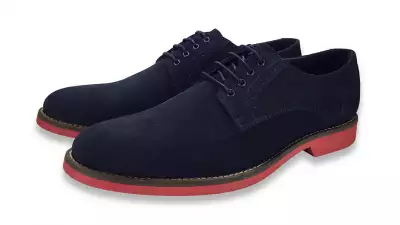 NAVY BLUE SUEDE LACE UP DERBY SHOES WITH RED SOLES, £39, COOGAN LONDON