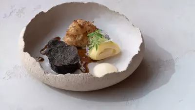 Glazed A5 Ito Wagyu beef, violet mustard, black truffle and sparassis