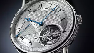 Breguet Classique “Grande Complication” Tourbillon Extra-Thin Automatic 5377    With a platimum facade, the ultra-slim watch has a silicon balance spring, and an escapement made of silicon and anti-magnetic steel.