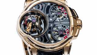 Harry Winston Histoire de Tourbillon 5  Made from 18-karat rose gold, this multi-layered watch design lets you see inside to the machine's inner workings.