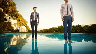 LARGE SPOT PRINT SHIRT, BOTH £95; LINEN WOVEN SPOT TIE, BOTH £59; MINI DESIGN TROUSER, both £119; PRINTED COLOUR BELT, BOTH £45; MATT AND HIG-SHINE SHOES, BOTH £120