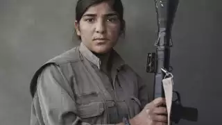 Portrait of Sarya with rocket-propelled grenade launcher