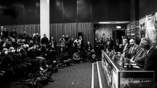 Tyson Fury talks to the press at Wembley Stadium