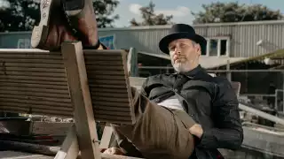 Model wearing Laird Utility denim jacket