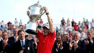Rory McIlroy of Northern Ireland holds up the Wanamaker Trophy after winning the 94th PGA Championship at the Ocean Course on August 12, 2012 in Kiawah Island, South Carolina.