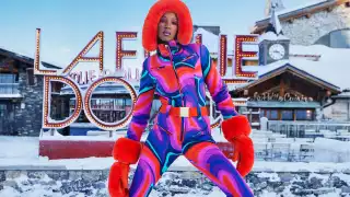 Model wearing Winternational ski outfit