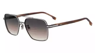 BOSS 1846/G/S: Caravan sunglasses with stainless-steel front. Ophthalmic lens compatible. Available in ruthenium with dark blue lenses, dark ruthenium/black/ with gray polarized lenses, black/gold/with gray lenses, and brown/palladium/with gray-brown lens