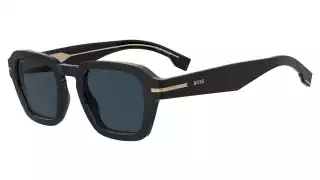 BOSS 1853/S: Bold squared sunglasses in Acetate Renew with recycled lenses. Ophthalmic lens compatible. Available in black/blue, brown horn/gray, gray/gray-brown, and teal/gray.