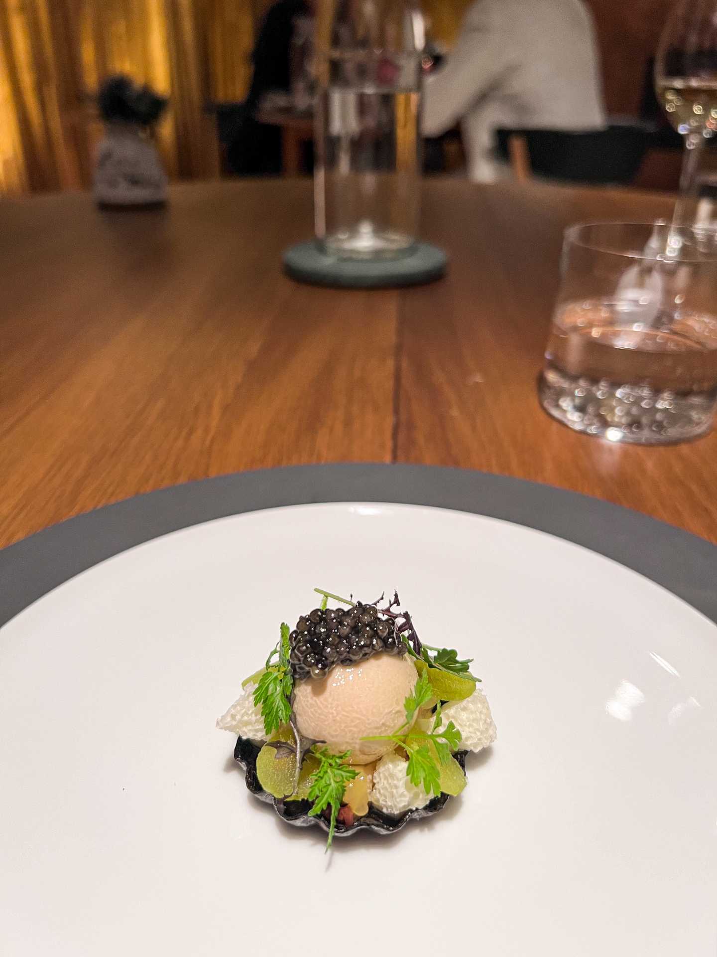 Devonshire smoked eel, Oscietra caviar, and aerated white chocolate