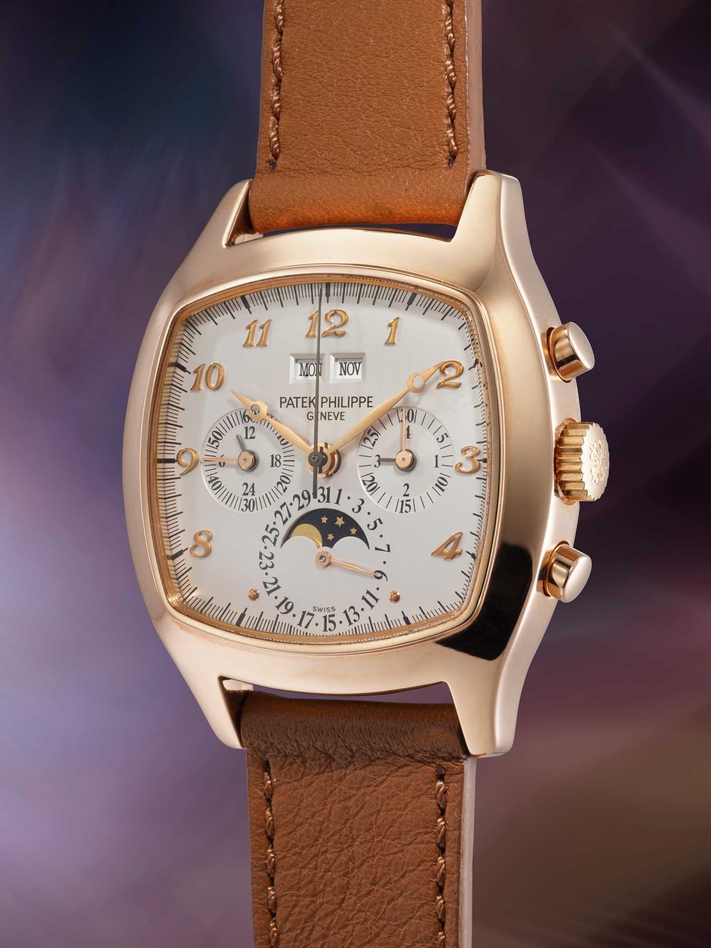 PATEK PHILIPPE Ref. 5020, cushion-shape perpetual calendar chronograph with moonphases in pink gold