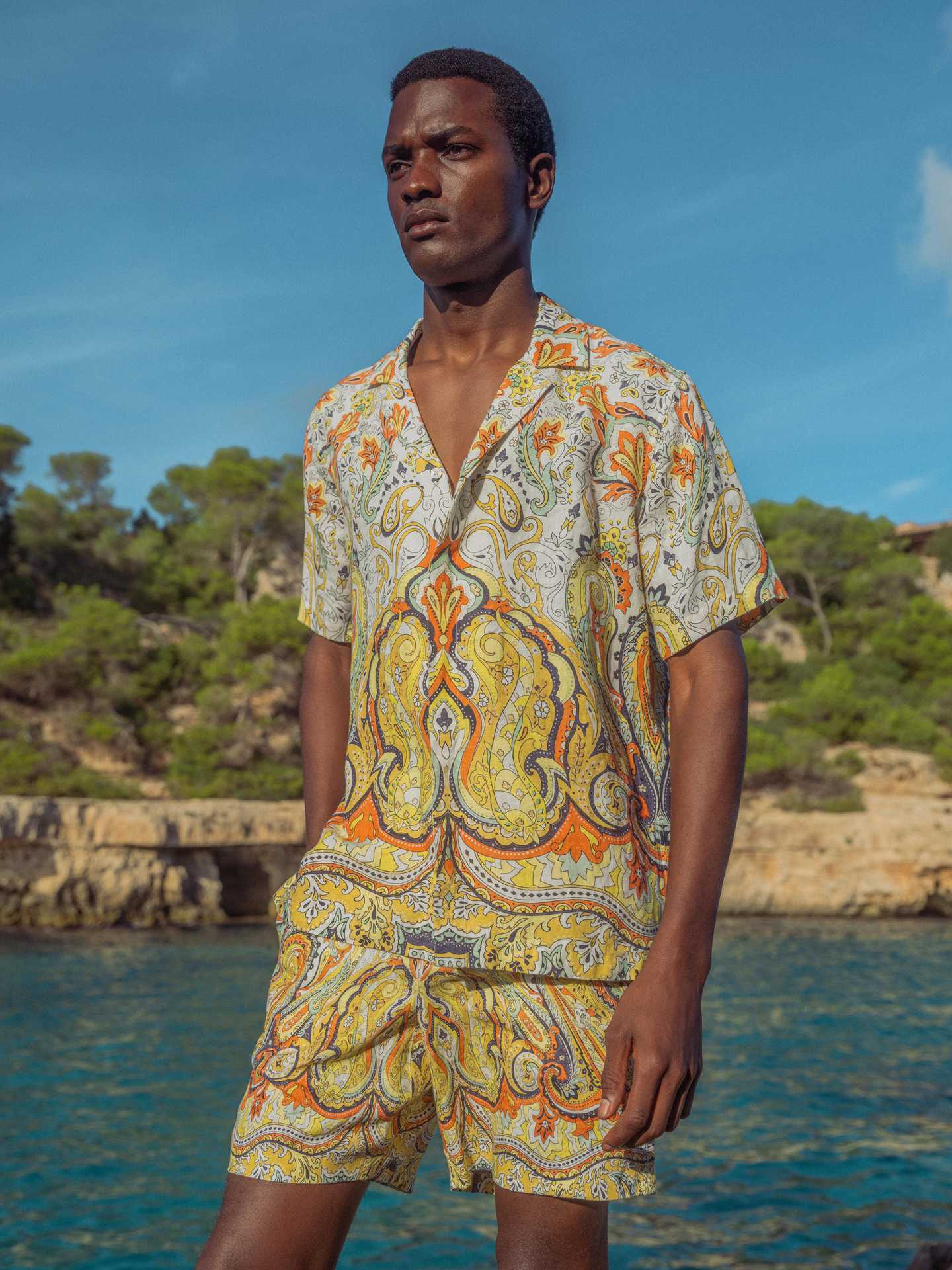 Model wearing Orlebar Brown shirt